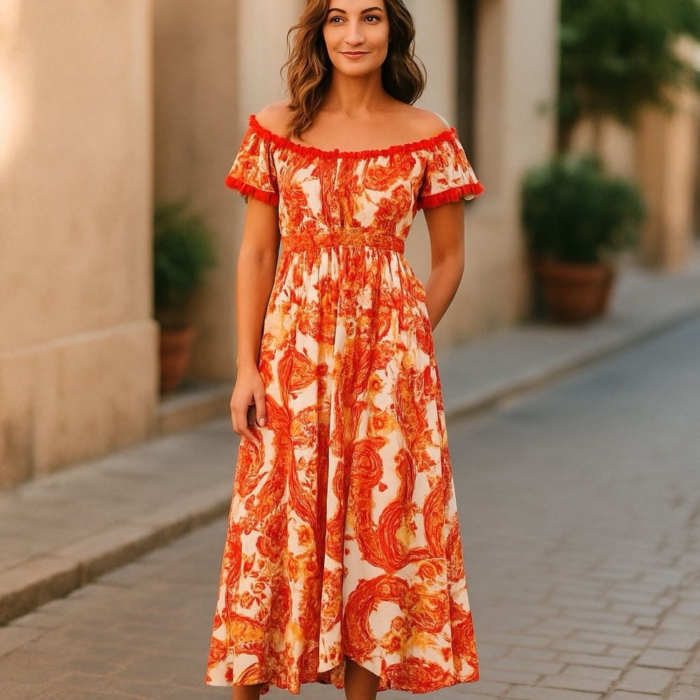 NWOT, Floral Off The Shoulder Dress SMALL 100% Polyester by Flying Tomatoes.
